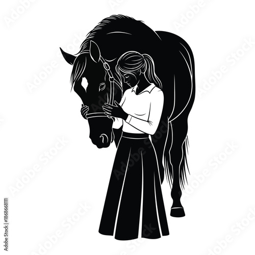 Beautiful black and white illustration of a young girl sharing a tender moment with her horse, capturing the deep bond, trust, and love between animals.