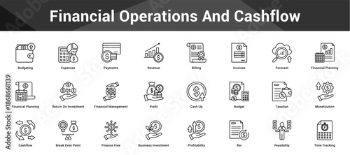 Financial Operations And Cashflow Cohesive set of minimalist vector icons representing key ideas with visual clarity