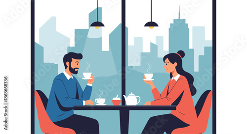 A young couple enjoys a warm cup of coffee and pleasant conversation on a date in a modern cafe with a large city view.