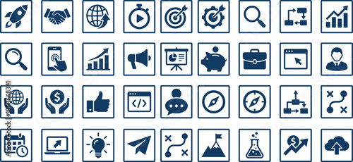 Business startup and marketing strategy icon set featuring analytics growth management finance communication technology productivity concepts for modern digital interfaces