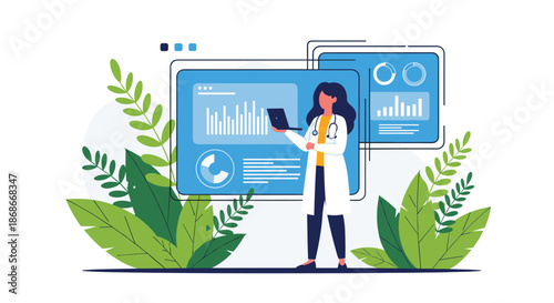 A female doctor analyzes medical data on a laptop in front of digital health dashboards surrounded by green leaves for a natural theme.