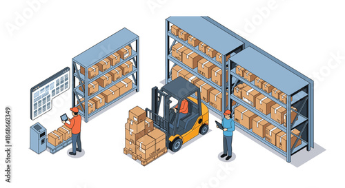 An isometric view of a busy warehouse with workers using a forklift and scanners to manage inventory and logistics efficiently.