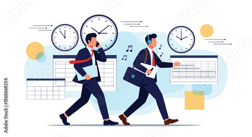 Two busy businessmen rush to meet deadlines with one talking on the phone and the other listening to music to stay focused.