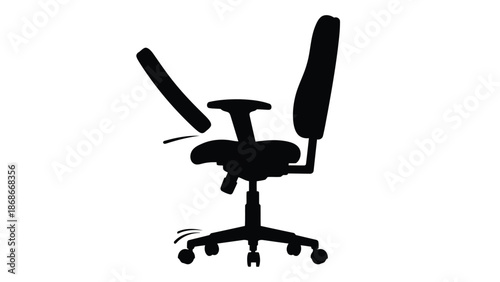 Black silhouette of office chair spinning on wheels with armrest raised isolated on white background