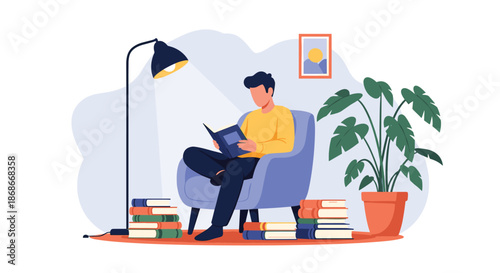 A man finds a peaceful moment to relax in a cozy armchair and read a book surrounded by literature and a houseplant at home.