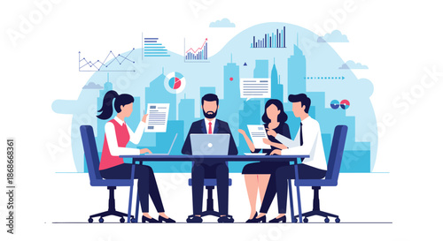 A professional business team collaborates during a meeting in a modern office with a large window showing a city skyline view.