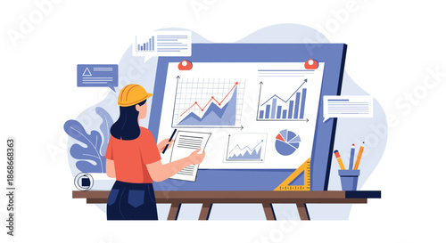 A female engineer in a hard hat analyzes complex data charts and graphs on a large project board for a construction plan.