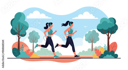 Two young women in sportswear listen to music with headphones while jogging together in a beautiful city park for their morning run.