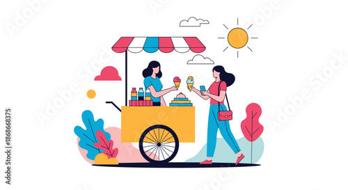 A woman buys a delicious ice cream cone from a friendly vendor at a colorful street food cart on a sunny summer day in the park.