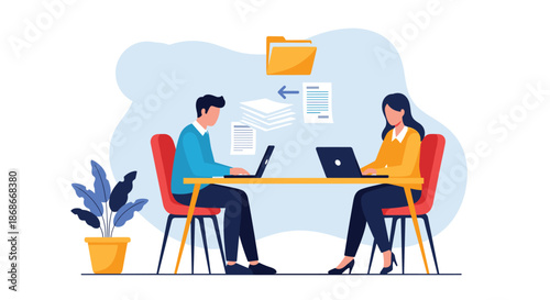 Two colleagues sitting at a desk collaborate on a project by transferring files and sharing documents between their laptops.