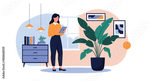 Young woman stands in her modern living room using a tablet computer surrounded by stylish furniture and a large plant._#