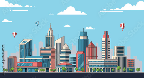 Modern city skyline with skyscrapers office buildings and hot air balloons under a blue sky with white fluffy clouds._.#