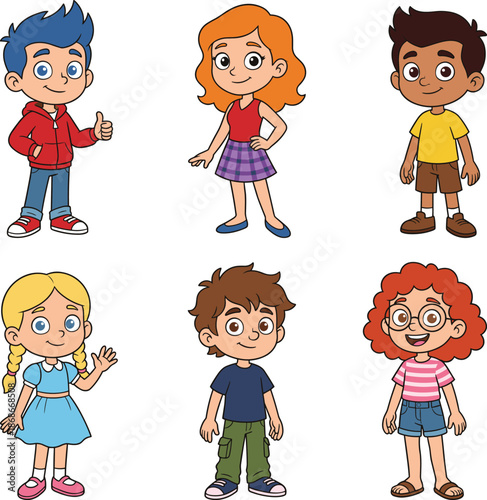Cute diverse cartoon kids characters set smiling children vector illustration isolated on white background for education branding storytelling design projects