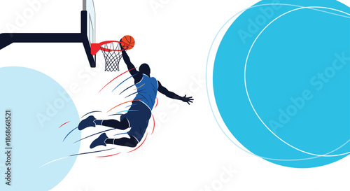 Dynamic silhouette of a basketball player in mid-air slamming the ball through the hoop for a powerful slam dunk..._#_#