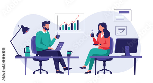 Two colleagues enjoy a coffee break in the office discussing a business growth chart on a computer screen together.._#