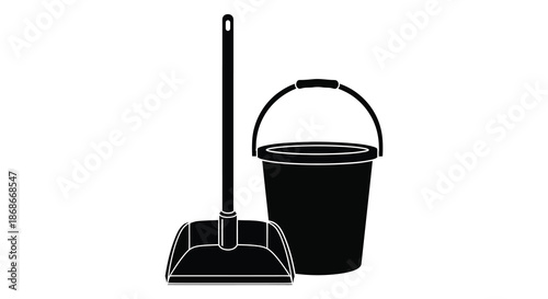 A simple depiction of a black bucket and broom presented as a striking silhouette
