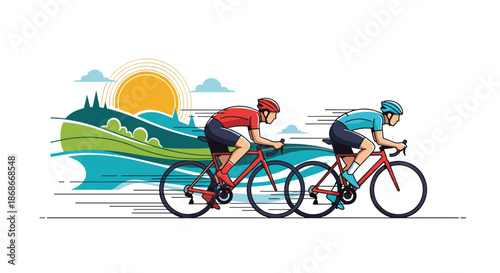 Two professional cyclists in sportswear race on their bicycles through a beautiful sunny landscape with hills and trees..