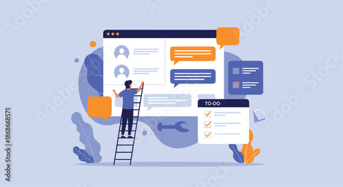 Developer on a ladder works on a large user interface with chat bubbles and a to-do list representing app development..