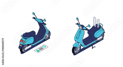 Two isometric views of a modern blue electric scooter a sustainable and convenient urban transportation vehicle..#_#_#_#