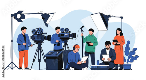 A professional film crew with cameras lighting and sound equipment works together on a movie set to shoot a new scene.#_#