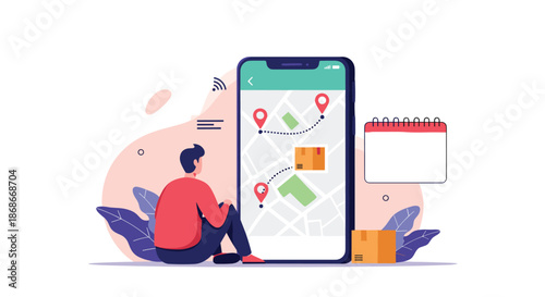 A man sits and tracks his package delivery on a large smartphone with a map interface showing the shipping route..#_#_#