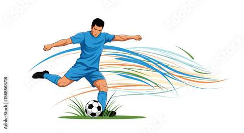 A dynamic illustration of a soccer player in a blue uniform kicking a ball with a powerful and colorful motion trail.._#