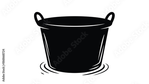 Black bucket silhouette sitting in water with ripples flat design isolated on white background