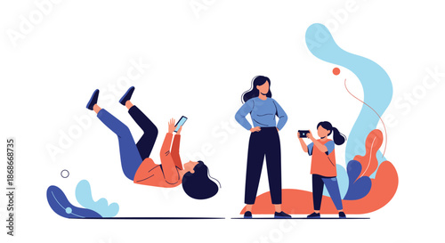 A collection of modern characters including a woman floating with a phone a mother and a daughter taking a picture..#_#_#