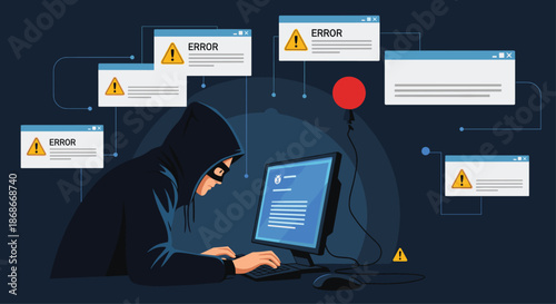 A hooded hacker in the dark uses a computer to launch a cyber attack causing multiple error and warning pop-up windows..