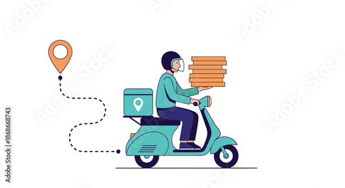 A courier on a scooter provides fast pizza delivery service following a route from a location pin to the customer's address.