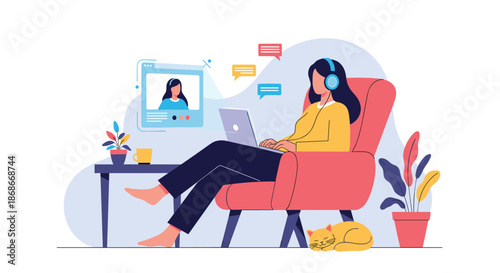 A woman working or chatting from home in a cozy armchair has a video call on her laptop with a cat sleeping peacefully beside her.