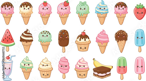 Cute dessert characters, smiling sweets, ice cream popsicle cupcake fruit icons, summer treat illustration, colorful vector food clipart