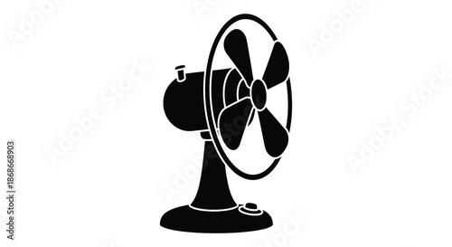 A striking black and white image of a vintage electric fan in a bold silhouette