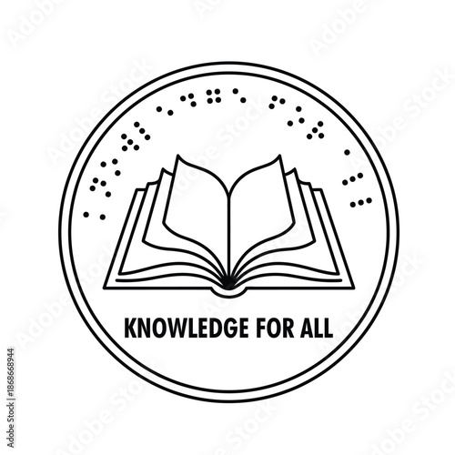 Line art emblem promoting universal education and inclusive learning, featuring an open book with floating braille dots, symbolizing knowledge accessible to all
