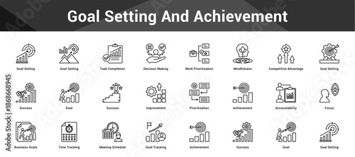 Goal Setting And Achievement Cohesive set of minimalist vector icons representing key ideas with visual clarity
