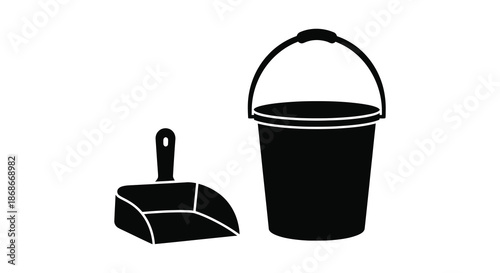 A simple depiction of a black bucket and dustpan presented in a striking silhouette