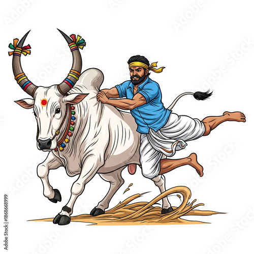 Jallikattu Festival Bull Taming Traditional Tamil Culture Illustration, PNG Transparent Background Isolated on White