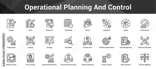 Operational Planning And Control Cohesive set of minimalist vector icons representing key ideas with visual clarity