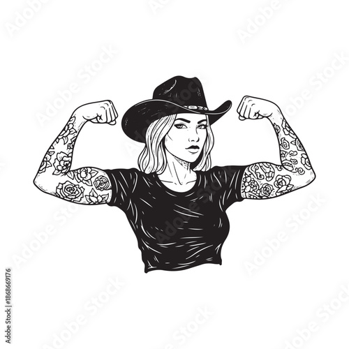 Woman in cowboy hat flexing her tattooed arms