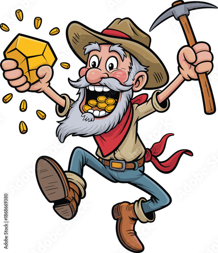 Happy cartoon gold miner character holding pickaxe and gold nugget vector illustration isolated on white background for mining adventure branding