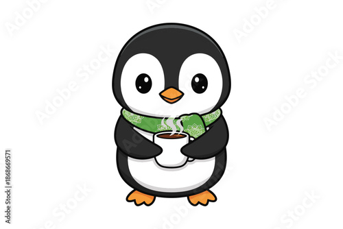 PrintCute penguin holding bowl cartoon vector illustration isolated on white background