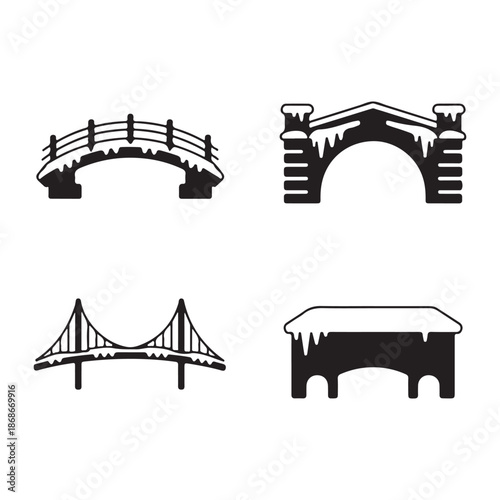 Snow covered curved bridge silhouette vector icon for winter design