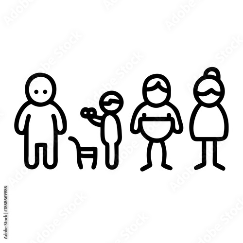 African man of different life stages cartoon characters. Baby, child, teenager, adult, mature and old persons vector illustration isolated
