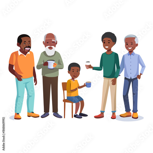 African man of different life stages cartoon characters. Baby, child, teenager, adult, mature and old persons vector illustration isolated
