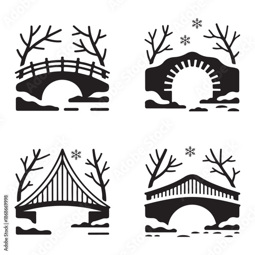 Snowy stone arch bridge silhouette vector illustration for winter landscape