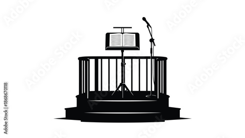 Silhouette of a podium with a music stand and microphone on a isolated on white background
