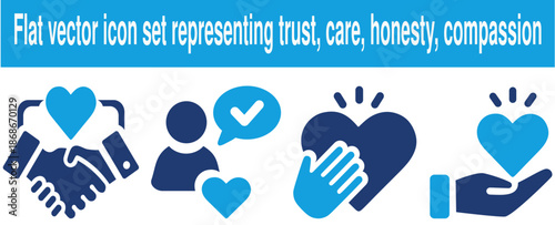 Flat vector editable icons set representing trust, care, honesty, compassion and human connection, featuring hands, hearts, handshake and user approval symbols solid vector icon