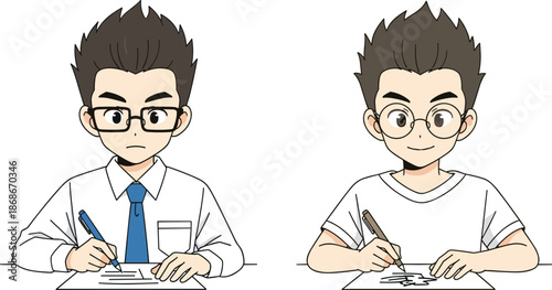 Student personality comparison illustration, serious formal learner and casual creative student writing exam, education concept vector design