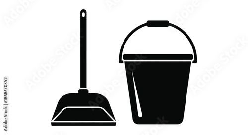 a black silhouette depiction of a cleaning bucket and broom leaning side by side silhouette