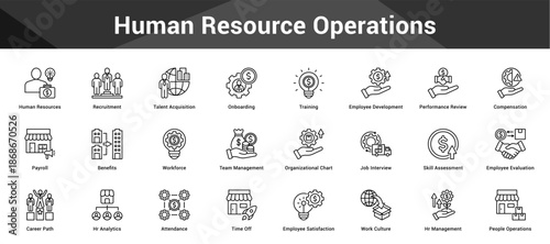 Human Resource Operations Cohesive set of minimalist vector icons representing key ideas with visual clarity